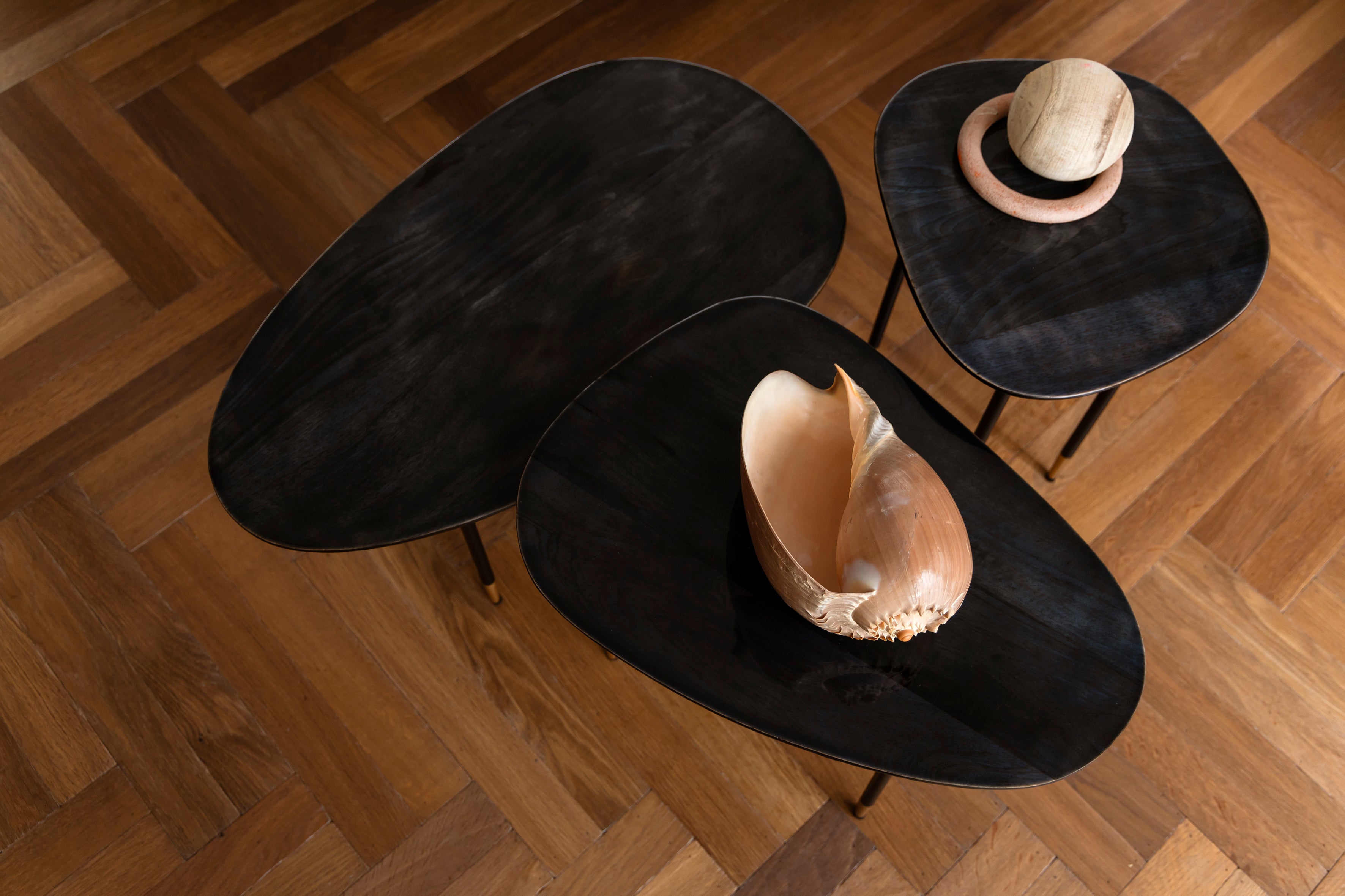 Dutchbone Set of 3 Phyllis Gloss Black Mango Wood Side Tables Nest